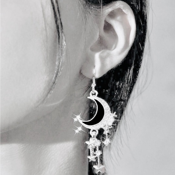 “Stars From the Moon” Black Sliver Crescent Dangling Stellar Celestial Earrings - Picture 2 of 6